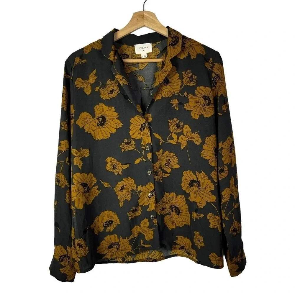 Everly Black Button-Down Shirt with Mustard Floral Print